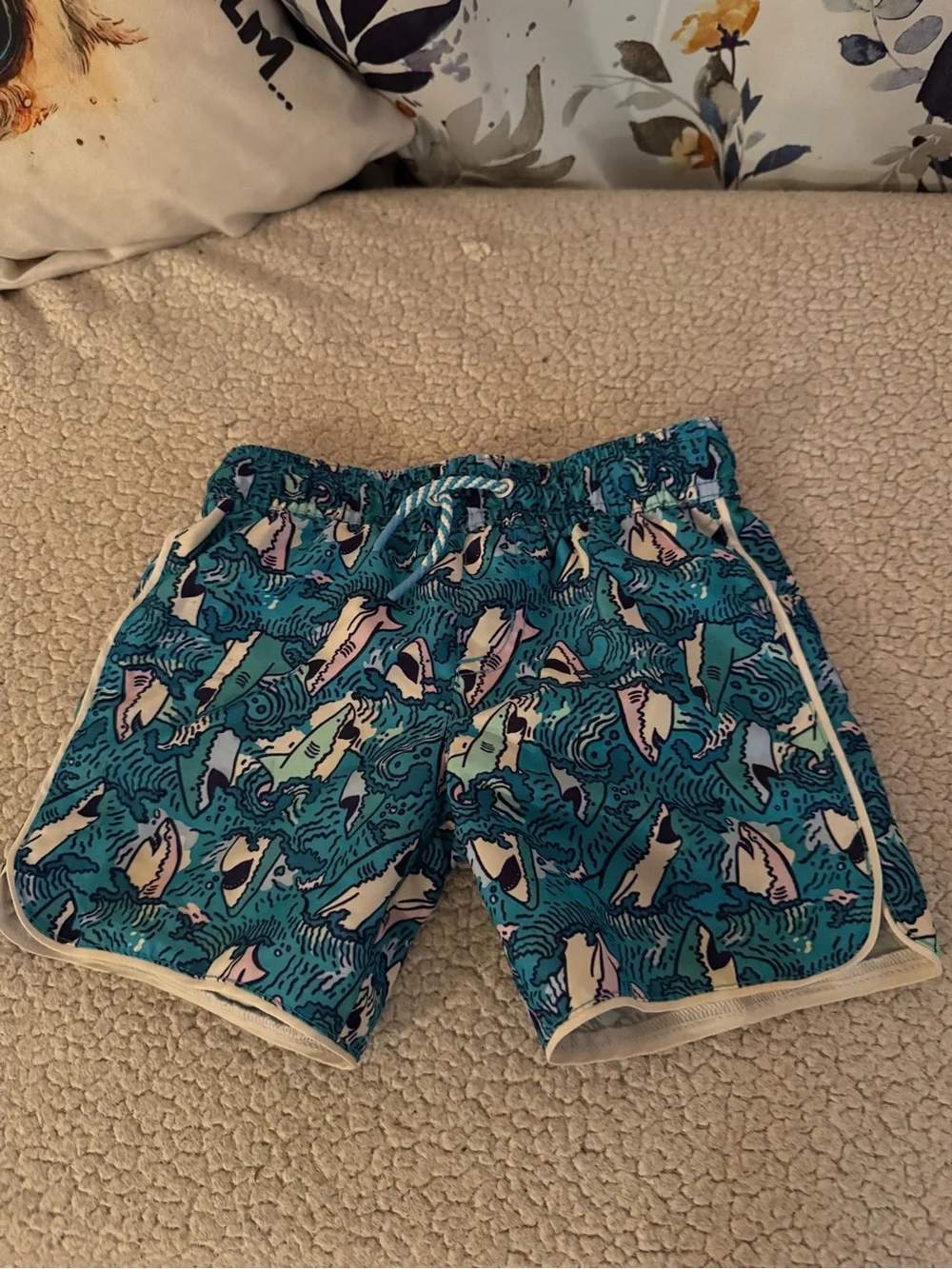 Cat & Jack Teal Blue Shark-Print Swim Trunks